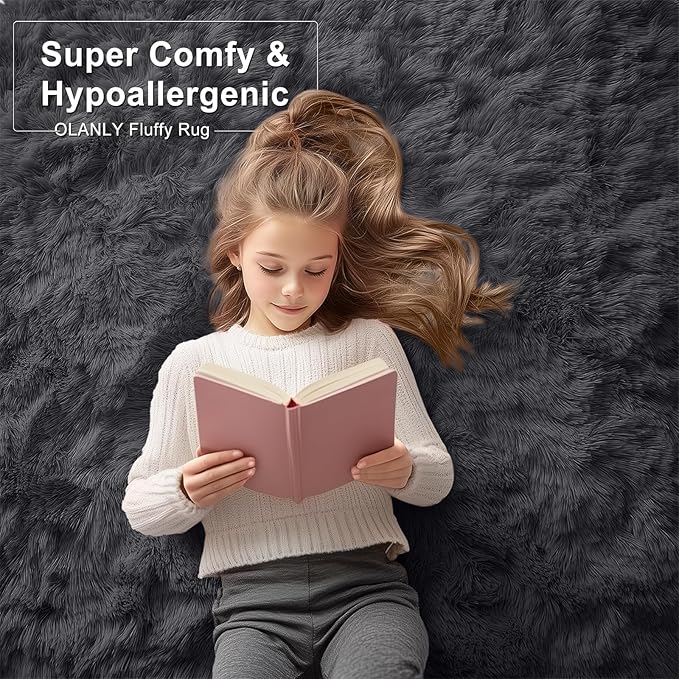 OLANLY 2x2 Machine Washable Small Rug, Soft Fluffy Shaggy Throw Rug for Bedroom, Entryway, Indoor Floor Carpet for Kids, Nursery, Home Decor, Black