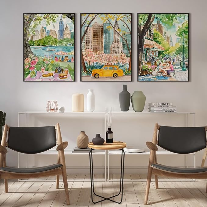 SYYANKK Watercolor New York City Wall Art NYC Canvas Poster Travel Wall Decor NYC Painting Central Park Picture New York Landmarks Artwork for Bedroom Living Room 16x24 Inch Unframed Set of 3