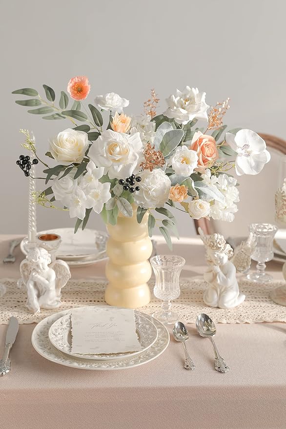 rongflower White Artificial Flowers Combo Silk Mix Fake Flowers Leaf for DIY Wedding Bouquets Centerpieces Arrangements Party Baby Shower Home Decorations