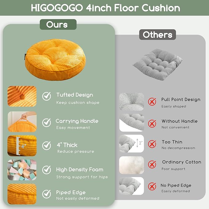 HIGOGOGO Floor Pillow Cushion for Adults, Meditation Cushion Pillow, Large Round Floor Sitting, Tufted Corduroy Cover, for Tatami Living Room or Yoga, 22x22 Inch, Orange