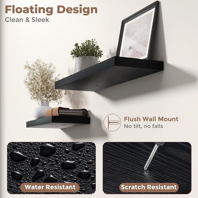 30 Inch Floating Shelves for Wall Set of 2, 8"D Wood Grain Bathroom Shelves with Invisible Brackets, Easy Install Engineered Wood Storage Shelves for Kitchen, Living Room, Bedroom, Black Finish