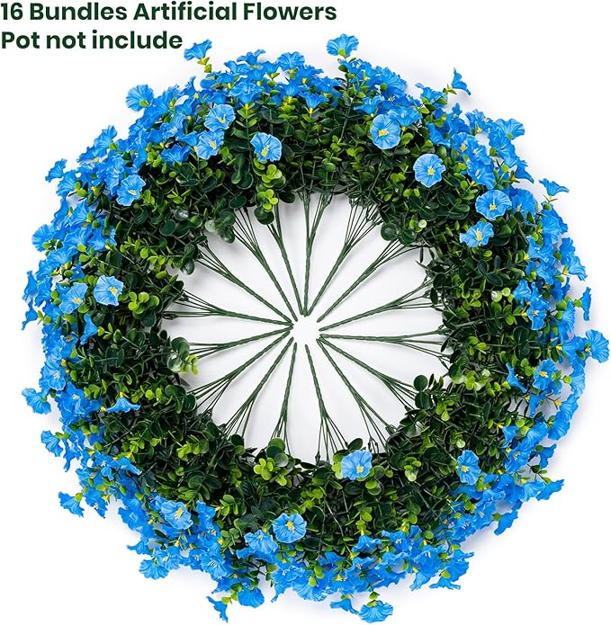 Nigirior Artificial Faux Flowers for Outdoor 16 Bundles Boxwood Fake Morning Glory for Planter,UV Resistant Fake Flowers for Home Porch Patio Outside（Blue）