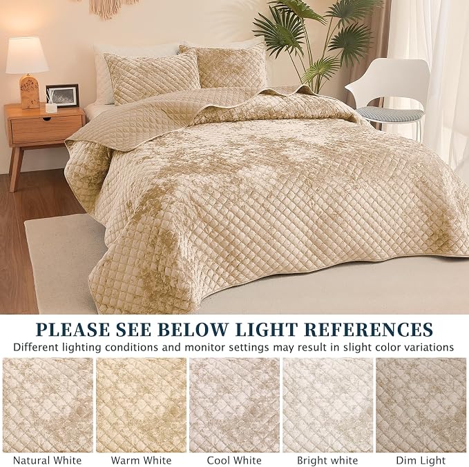 Luxury Soft Velvet Quilt Set Queen Size - Lightweight Velvet Bedding Set for All Season, Oversized Bedspread Coverlet Comforter Set with 2 Pillow Shams, Beige Brown, Diamond