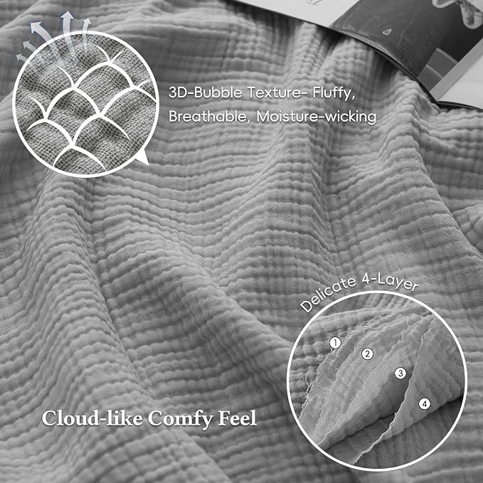 David's Home 100% Cotton Muslin Throw Blanket for College Dorm, 4-Layer Soft Breathable Lightweight Comfy Cozy Throw Guaze for Hot Sleepers, 3D Bubble Room Decor for Bed, Giftable, Dark Grey, 50"x70"