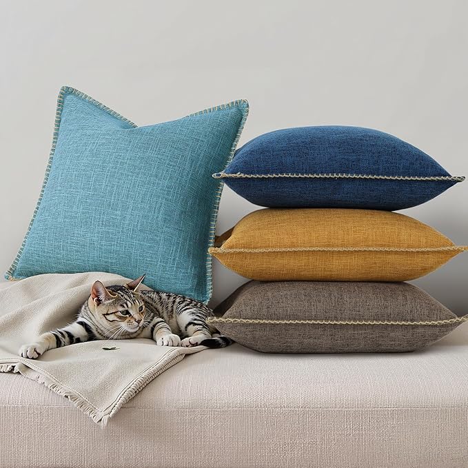 decorUhome Summer Decorative Throw Pillow Covers 24x24 Set of 2 Square Faux Linen Farmhouse Euro Sham Pillow Covers with Stitched Edge Outdoor Pillow Covers for Couch Sofa Living Room, Teal
