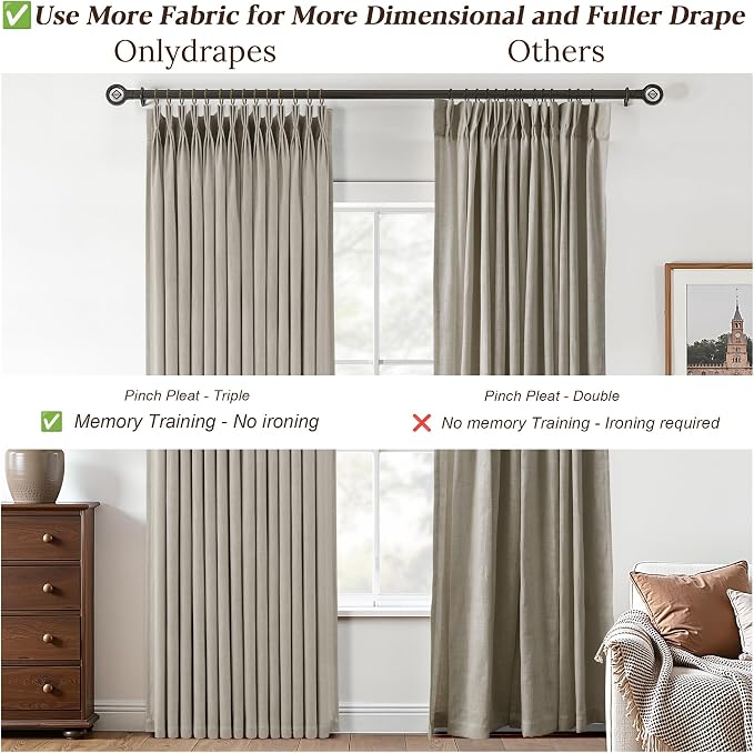 Grey Beige Pleated Linen Curtains 105 Inch Length 2 Panels Set Semi Sheer Light Filtering Tan Brown Window Drapes for Living Room Modern Viral Pinch Pleated Curtains 105 Inches with Hooks Rings Clips