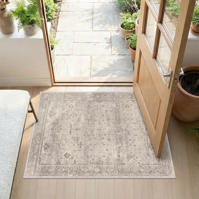2x3 Washable Throw Rugs for Entryway, Front Door Mat, Low Pile Non-Slip Small Area Rug for Kitchen Sink, Bathroom, Powder Room & Mudroom, Beige Granite Neutral Modern Farmhouse Decor