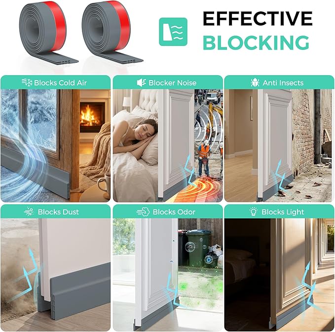Hojoy 2 Pack Under Door Draft Stopper, Adjustable Door Sweep Anti-Collision Strong Adhesive Weather Stripping Tape Soundproof Draught Stoppers 2" W x 39" L, Gray