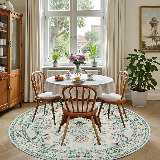Round Area Rug for Living Room: 6 ft Floral Washable Circle Rug Soft Non-Slip Carpet Indoor Stain Resistant Low Pile Small Circular Rug for Bedroom Entryway Kitchen Nursery Home Office Green Beige
