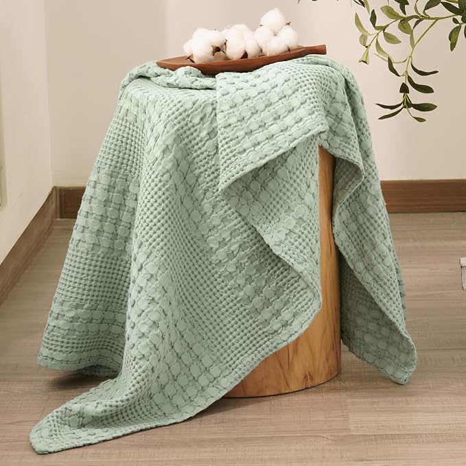 PHF 100% Cotton Waffle Throw Blanket for Couch, Lightweight Breathable and Soft for Summer, Luxury Aesthetic Waffle Weave Blanket for Home Decor & Office, Gifts for Women, 50"x60", Mint Green