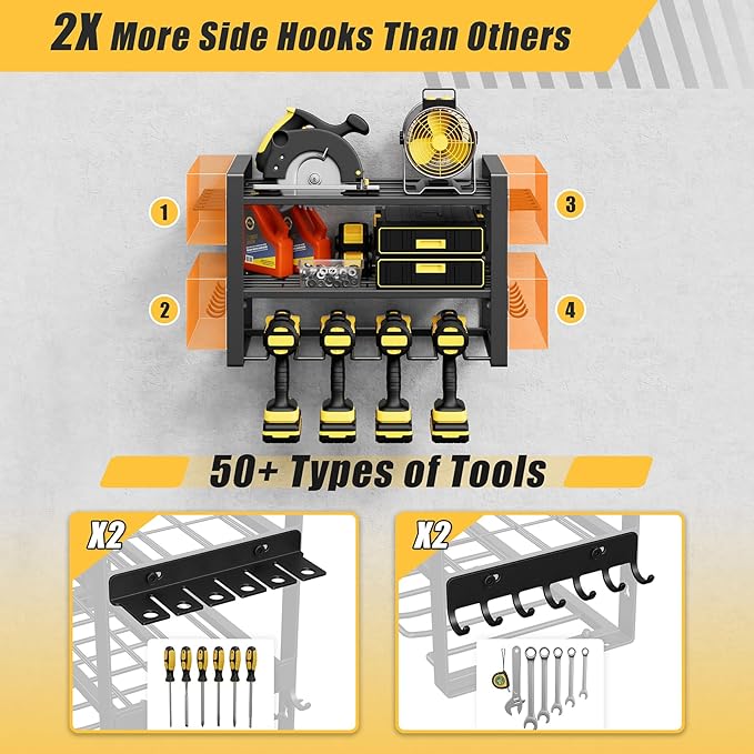 Jusgym Power Tool Organizer Wall Mount |150lbs Garage Storage Rack with 4 Cordless Drill Holder |3-Tier Heavy Duty Tool Storage Rack for Garage Organization |Gift for Men