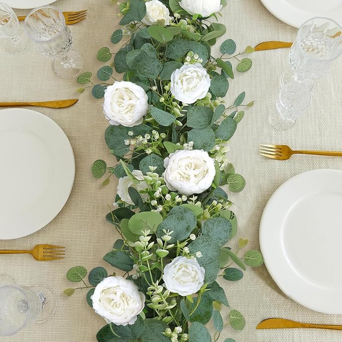 SOMYTING Artificial Flower Garland, Artificial Rose Vine Fake Flower Garland Silk Rose Peony Hanging Vine Faux Floral Garlands for Wedding Party Arch Table Wall Backdrop Decoration (White, 4PCS)