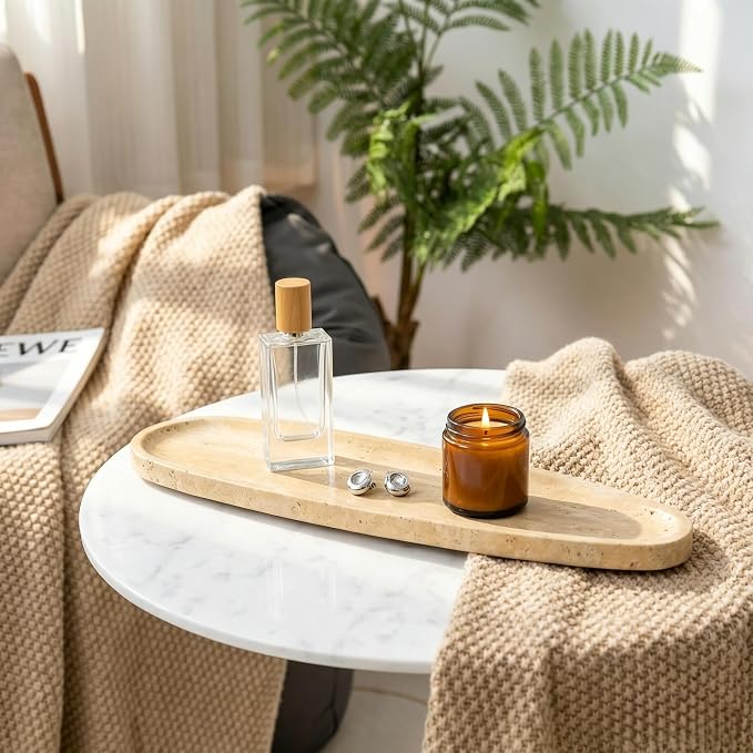 Natural Travertine Vanity Tray, 16.6"x4.6" Real Marble Decorative Tray for Bathroom Countertop & Home Decor, Catchall Organizer for Jewelry, Candles, Cosmetics & Perfume（Travertine）