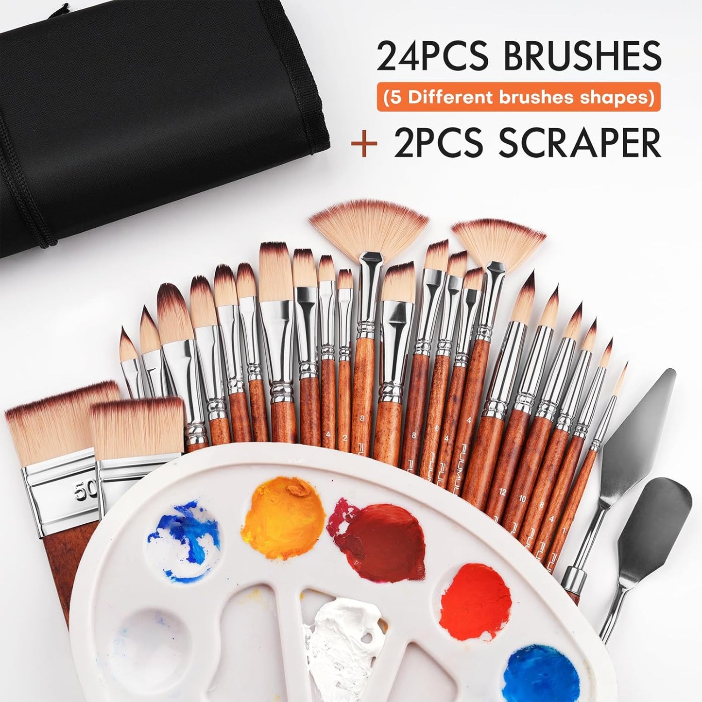 26pcs Paint Brush Set, Fuumuui Professional Acrylic Paint Brushes Complete Range of Sizes with Upgraded Short Handle Wide Flat Paintbrush for Acrylic, Oil, Watercolor and Gouache