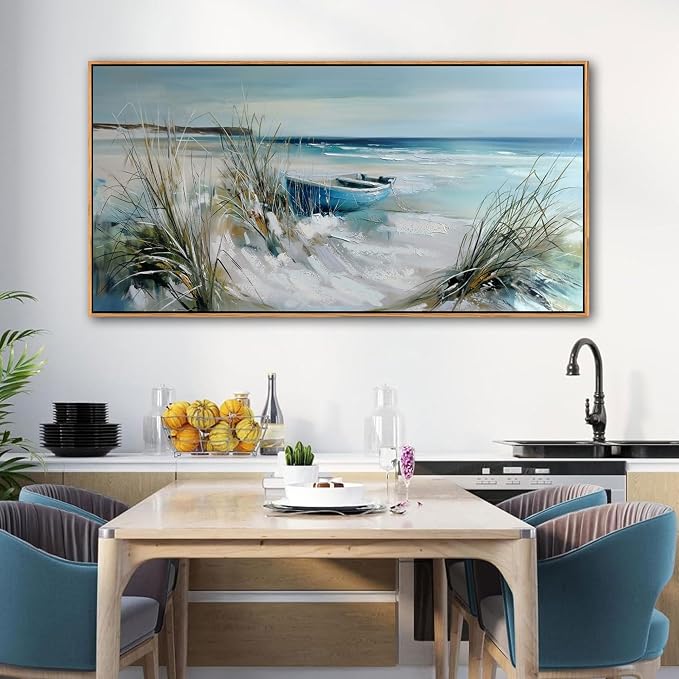 YDYSUNE Blue and White Coastal Wall Art Framed Canvas Picture - Beach Ocean Seascape Scenery Painting Artwork for Living Room,Bedroom Decoration Ready to Hang 24x48 Inches