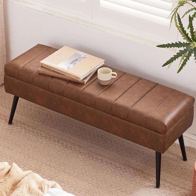 Storage Ottoman Bench Bed, 43.5" Faux Leather Upholstered Entryway Bench, Long Ottoman with Storage for Living Room, Support 660lbs - Retro Brown