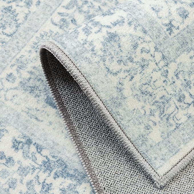 PureCozy Blue Runner Rug 2x6 Hallway Machine Washable Kitchen Vintage Distressed Non Slip Long Carpet Indoor Retro Floral Bedroom Accent Throw Rug for Bathroom Office Laundry Dining Room
