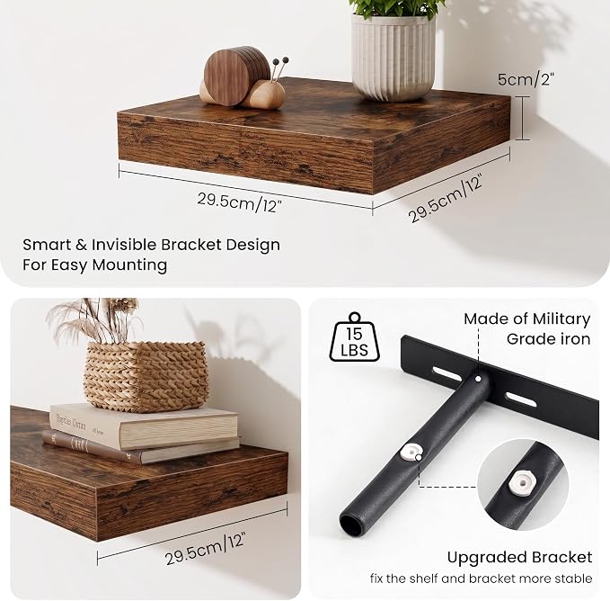 Fun Memories Floating Shelves for Wall 12 Inch, 12 Inch Deep Square Wall Shelves, Bathroom Storage Shelves Over Toilet, Wood Floating Shelves for Living Room Bedroom, Rustic Brown, Set of 2