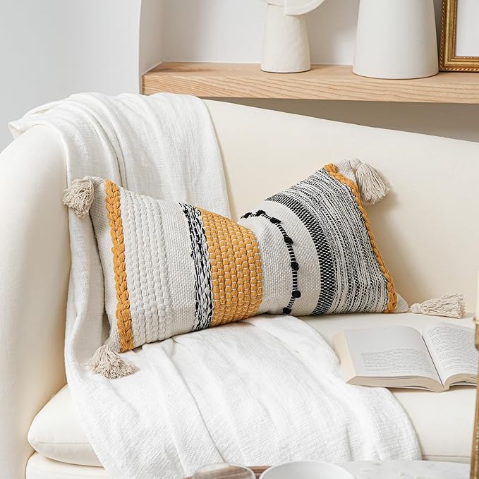 BlissBlush Decorative Lumbar Throw Pillow Cover 14x24 Boho Yellow Mustard Accent Cushion for Couch Sofa Farmhouse Pillowcase for Bedroom Living Room Home Décor Cover ONLY