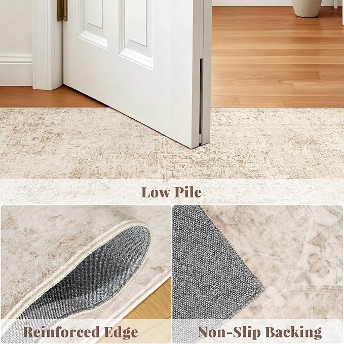Machine Washable Rugs for Living Room: 6x9 Area Rugs for Bedroom Ultra Soft Non-Slip Low Pile Vintage Distress Boho Large Carpet for High-Traffic Dining Room - Farmhouse Decor