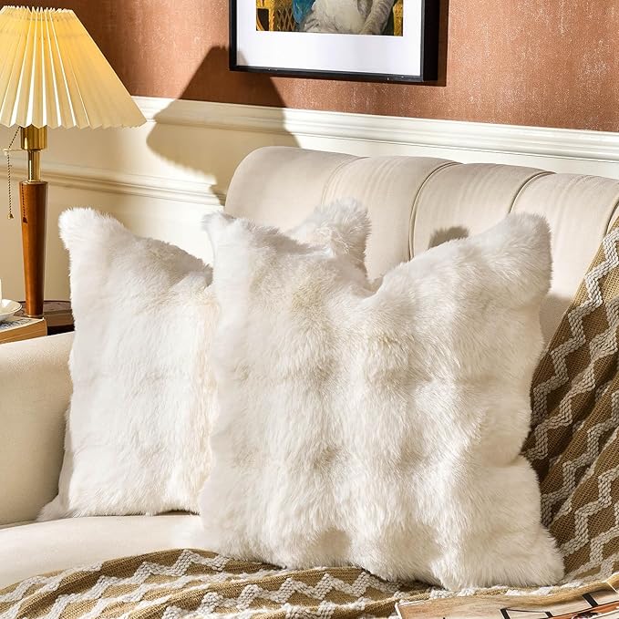 AmHoo Pack of 2 Throw Pillow Covers 3D Dense Faux Rabbit Fur Cozy Super Soft Fuzzy Set Case Cushion for Couch Sofa Bedroom 16 x 16-Inch Cream White
