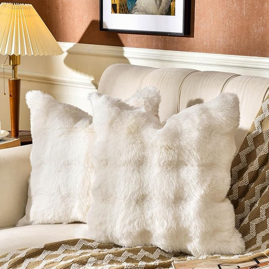 AmHoo Pack of 2 Throw Pillow Covers 3D Dense Faux Rabbit Fur Cozy Super Soft Fuzzy Set Case Cushion for Couch Sofa Bedroom 20 x 20-Inch Cream White