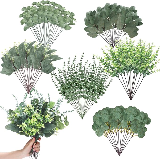 120 Pcs 6 Kinds Mixed Eucalyptus Leaves Stems Bulk Artificial Greenery Plants Fake Silver Dollar Eucalyptus Bundle Faux Plants Greenery for DIY Bouquets Floral Arrangement Wedding Engagement Decor