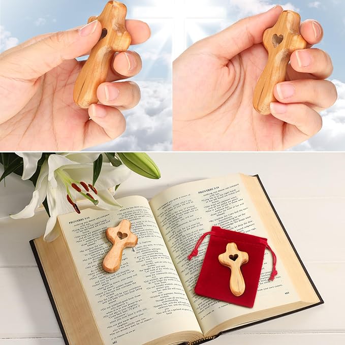 Bucherry 75 Set Olive Wood Cross My Heart Small Pocket Crosses with Bags and Prayer Cards Jesus Christian Holding Hand Crosses Bulk for Christmas Baptism First Communion Gift (Wood,2.36 Inches)