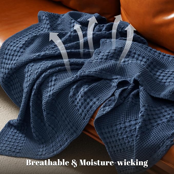 PHF 100% Cotton Waffle Blanket Queen Size for Bed, Lightweight Breathable and Soft for Summer, Luxury Aesthetic Waffle Weave Blanket for Home Decor & Gifts for Women, 90"x90", Blue Sapphire