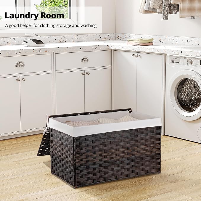 OIAHOMY Storage Basket with Lid, 27.7 Gallon (105L) Blanket Basket with Removable Liner Bag, Synthetic Wicker Hamper with Handle, Large Hamper for Bedroom, Brown