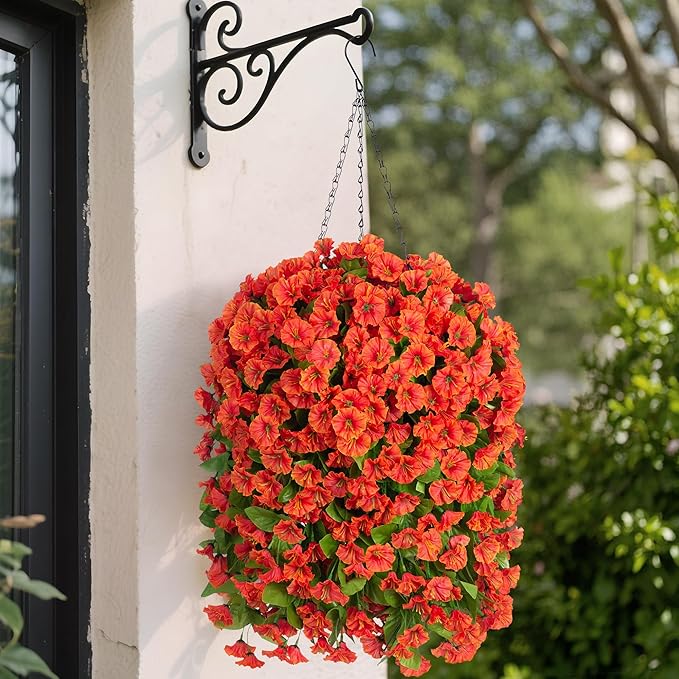 Ammyoo Artificial Faux Hanging Flowers Basket for Fall Outdoor Porch Decor, Fake Silk Colorful Morning Glory Eucalyptus in Planter UV Resistant Look Real for Home Balcony Yard(Orange)
