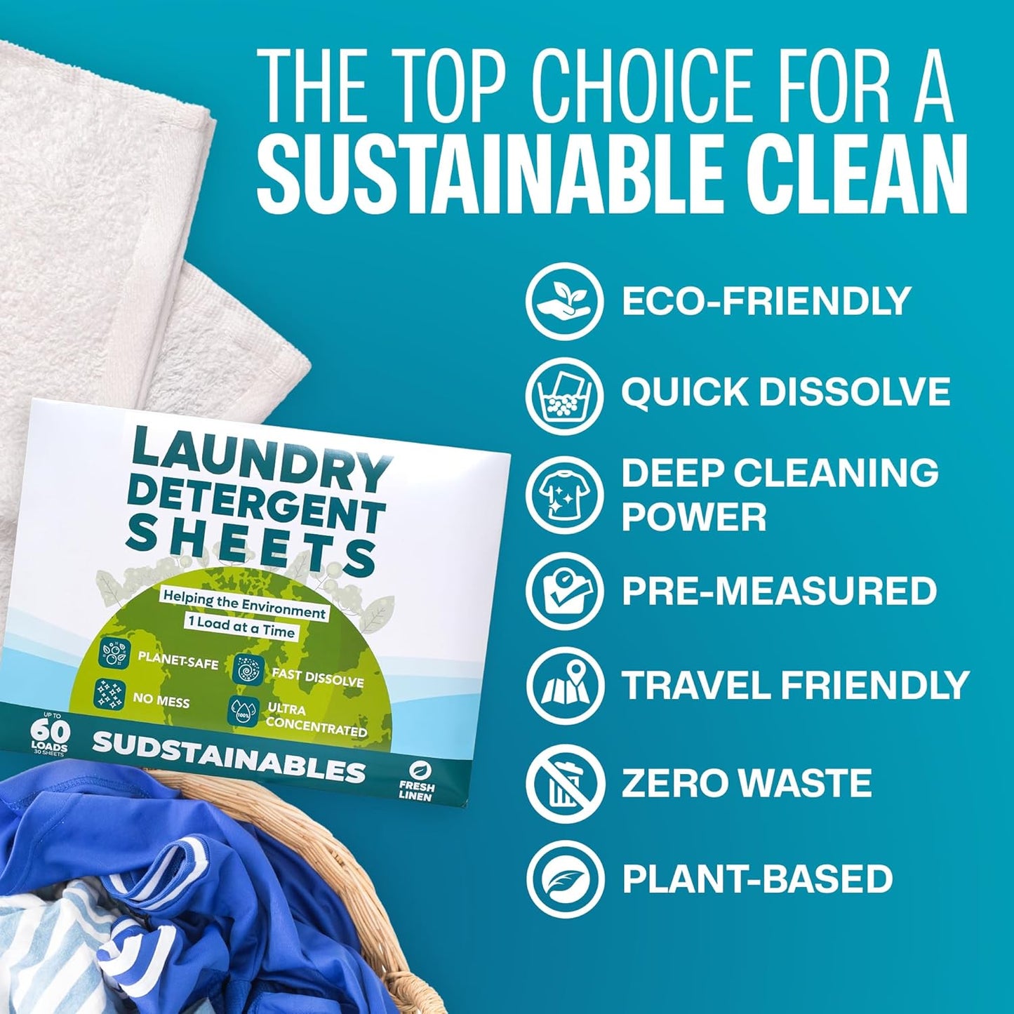 Sudstainables Laundry Detergent Sheets (60 Loads) – Eco-Friendly, Zero Waste, Plastic-Free Laundry Washing Machines Soap Sheets; Dissolvable, Space-Saving Strips for Travel (Fresh Linen)