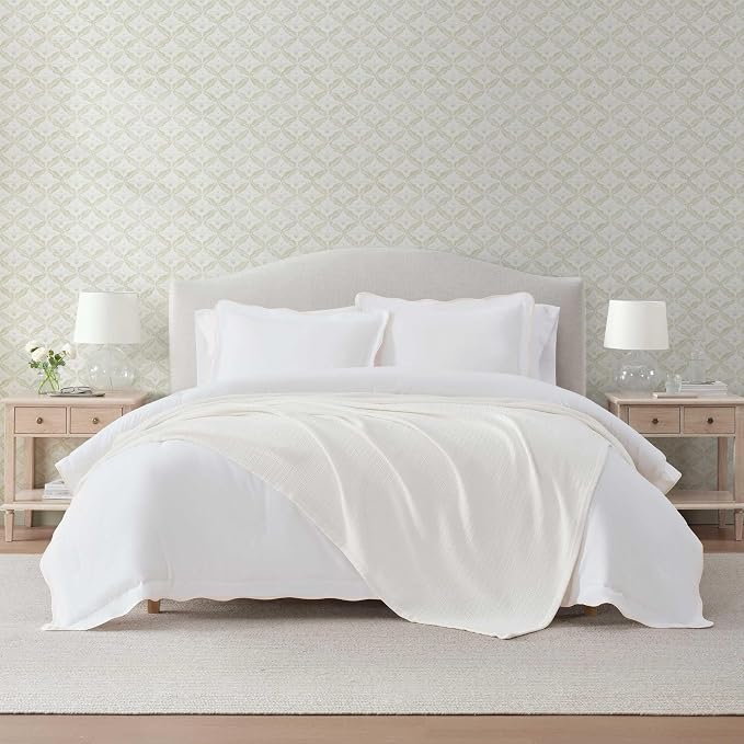 Martha Stewart - King Bed Blanket, 100% Cotton Textured Basket Weave Bedding, Breathable & Lightweight Blanket for Couch or Bed, Bedford Tile White