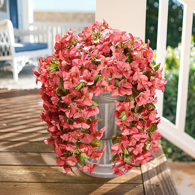 HyeFlora Bougainvillea Artificial Hanging Flowers Plants for Outdoors Decoration, 2pcs Faux Bougainvillea Vines Red Fake Flowers Realistic UV Resistant Silk Flowers for Outside Planter Yard Urn Patio