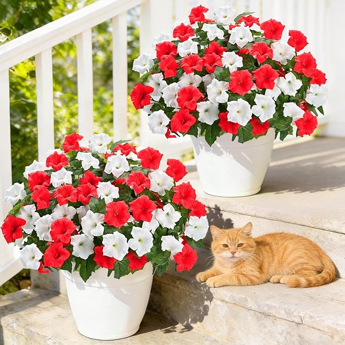 MARTINE MALL Artificial Flowers for Outdoors, 4 Bundles Realistic Fake Outdoor Flowers, UV Resistant Silk Petunia Flower for Outside Look Real Faux Flower Plants for Outdoor Porch Decor, Red White