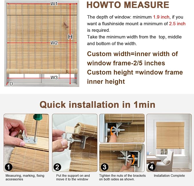 No Tool No Drill Bamboo Blinds for Interior Windows, Bamboo Shades for Indoor Windows, Roller Shades for Indoor Window and Outdoor Patio, Easy to Install for Home & Porches