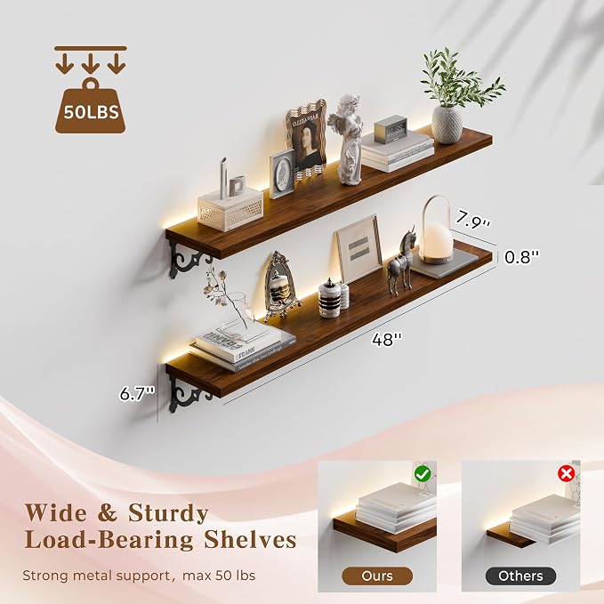 48 Inch 2 Tier Solid Wood Floating Shelves with LED Light, Metal Brackets | 48 inch solid pine shelves, 2 tier, warm LED light, walnut finish, metal brackets for books and decor