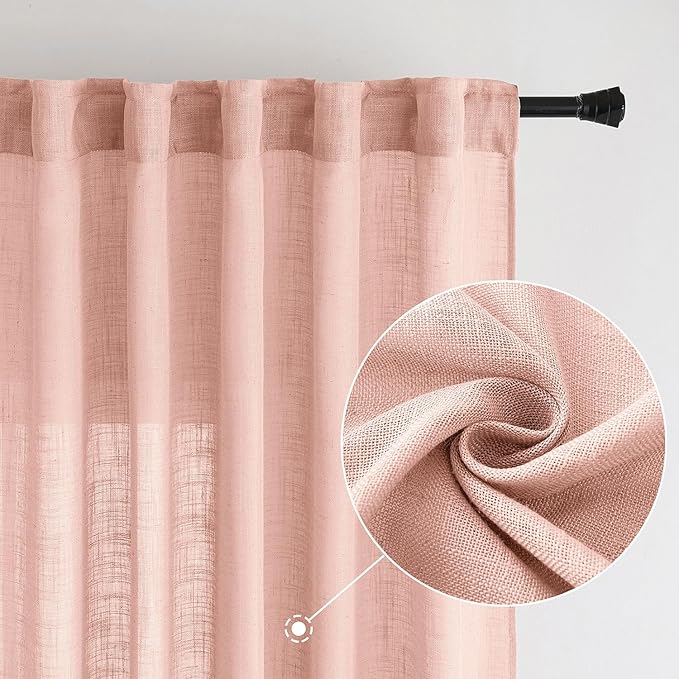 MIULEE Blush Pink Linen Curtains 96 Inches Long 2 Panels for Girls Bedroom Nursery, Soft Thick Linen Textured Window Drapes Semi Sheer Light Filtering Back Tab for Kids Living Room Light Pink Decor