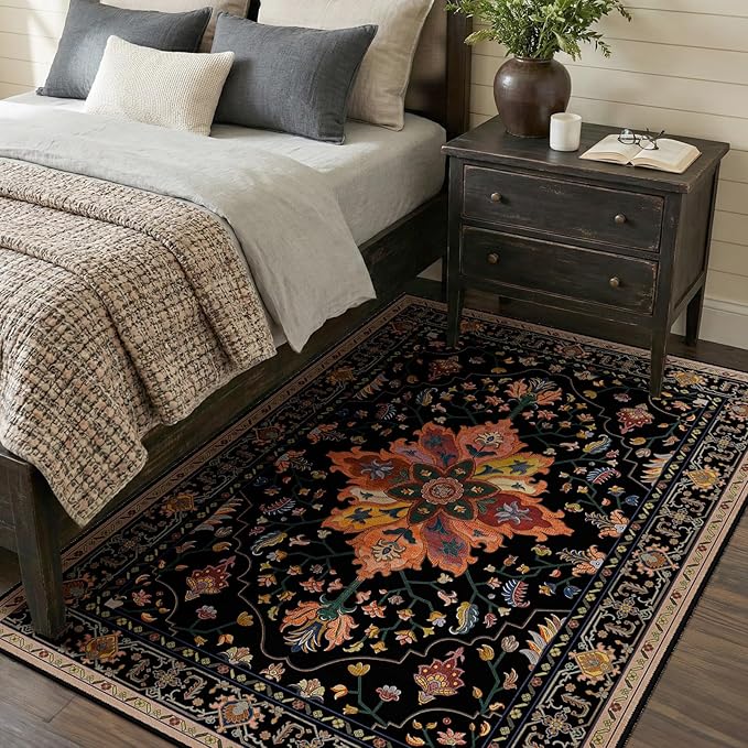 RELEANY Area Rugs 4'x6' Washable Non-Slip, Floral Vintage Distress Print Pattern Medallion Carpet for Living Room Bedroom Dining Room, Black Colorful Floral Dark Tan