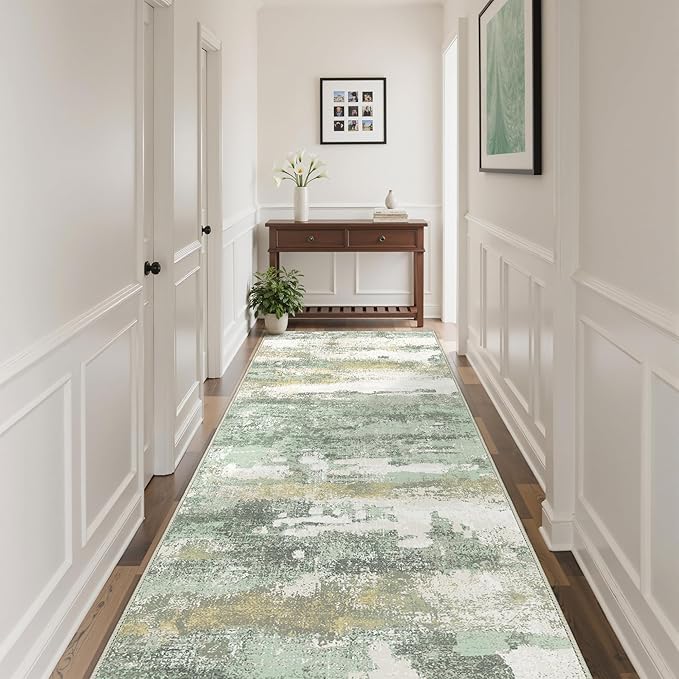 BEIMO Runner Rug for Hallway Kitchen, 2'6"x6' Machine Washable Runners Rug for Entryway, Soft Modern Abstract Throw Rugs, Low Pile Floor Cover with Non Slip Backing, Light Green