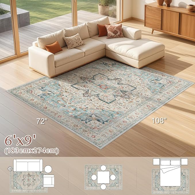 Tortania Area Rug Living Room Rugs - 6x9 Washable Boho Rug Vintage Oriental Distressed Farmhouse Large Thin Indoor Carpet for Living Room Bedroom Under Dining Table Home Office - Aqua Multi