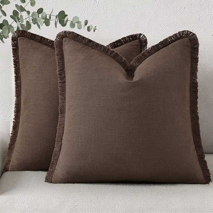 decorUhome Summer Decorative Neutral Linen Fringe Euro Sham Throw Pillow Covers Set of 2 Chocolate Pillow Covers with Tassels Soft Farmhouse Boho Accent Pillow Cases for Couch Bed Sofa 26x26 Inch