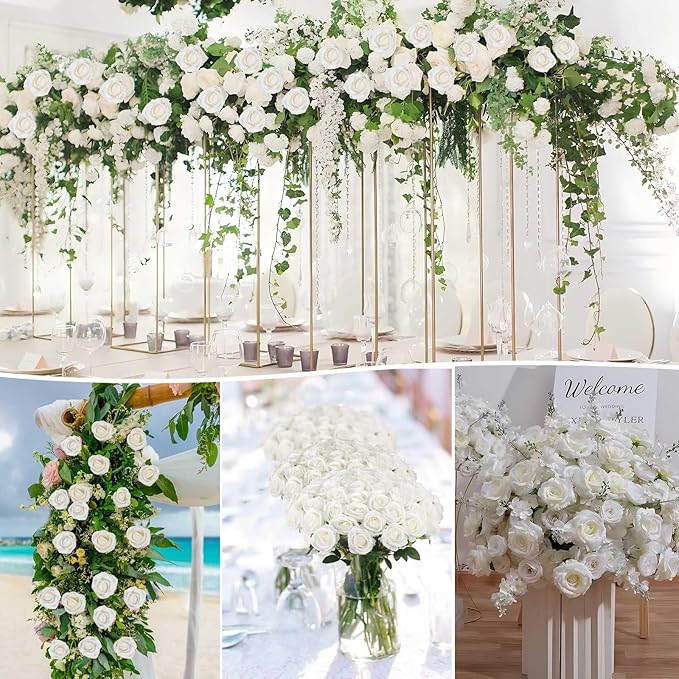 Rowfad 60 Pcs Artificial Roses Bulk Velvet Silk White Roses White Roses for Wedding Centerpieces Bridal Bouquet Mohter's Day Valentine's Day Home Decor (60, White)