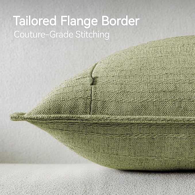 a moment Linen Pillow Covers Set of 2,Boho Farmhouse Throw Pillowcases Neutral Textured Decorative Covers for Couch Sofa,Linen Blend Accent Case Cushion Living Room Home Decor 26"x26"Seeding Green