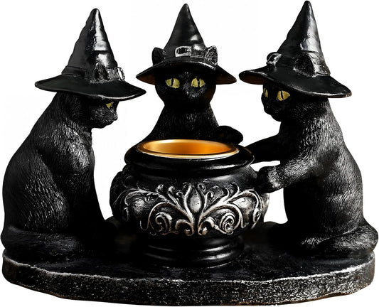 Halloween Black Cat Candle Holder, Cute Halloween Table Decor & Mantel Decoration (Black)