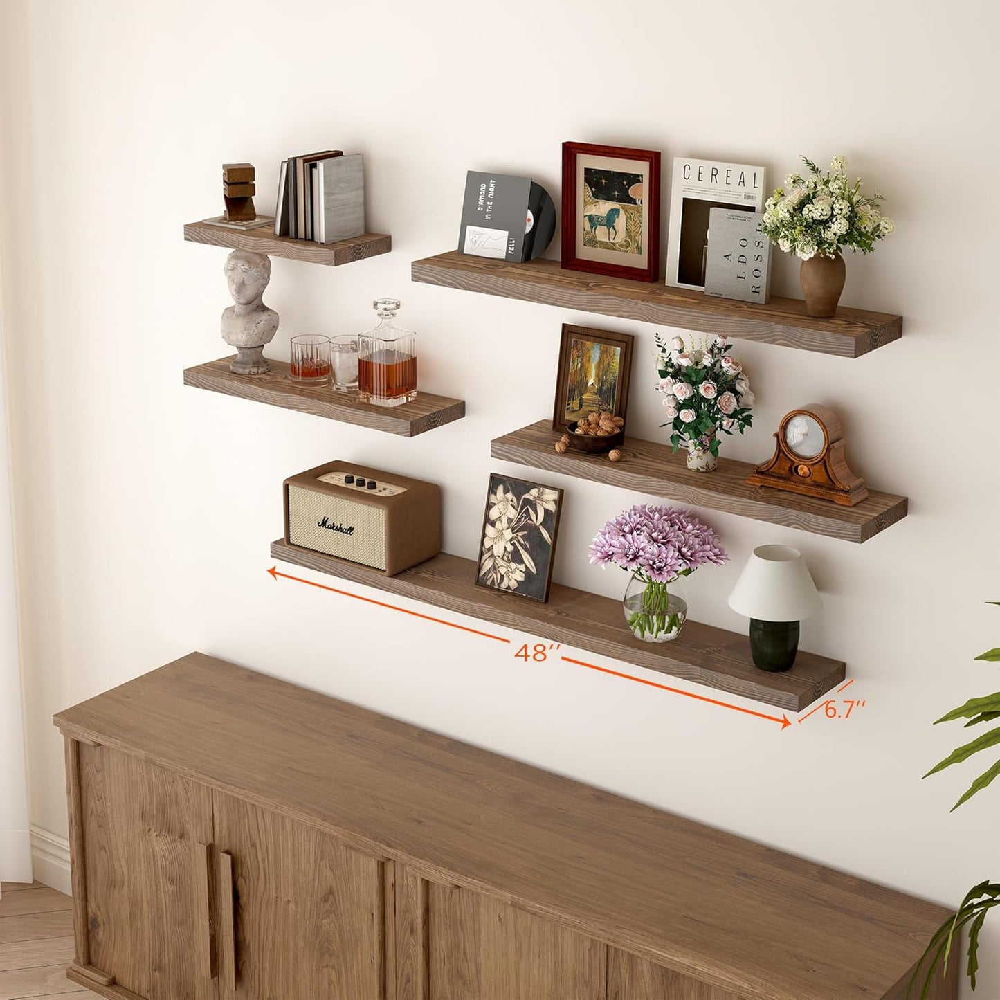 BGMG Floating Shelves for 48 inch Long Set of 2,Wide Rustic Wooden Wall Shelves for Bathroom Living Room Bedroom Kitchen Farmhouse-48x6.7x1.25 inch- Walnut