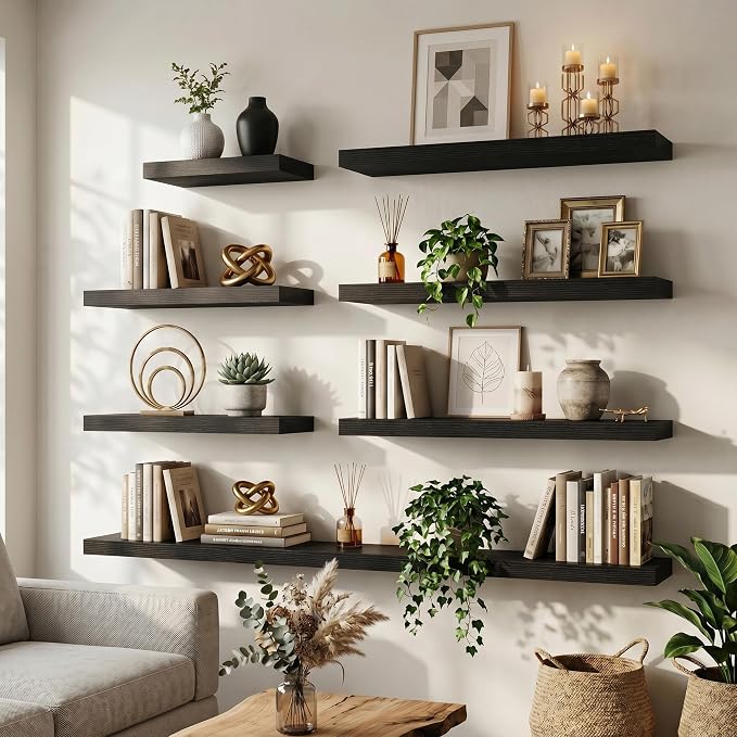 48 Inch Floating Shelves for Wall, 8"D Wood Storage Shelves, Black Finish | Engineered Wood, Invisible Bracket, Large Storage, Easy Install, Hold Up to 77lbs, Living Room, Bathroom, Bedroom, Kitchen