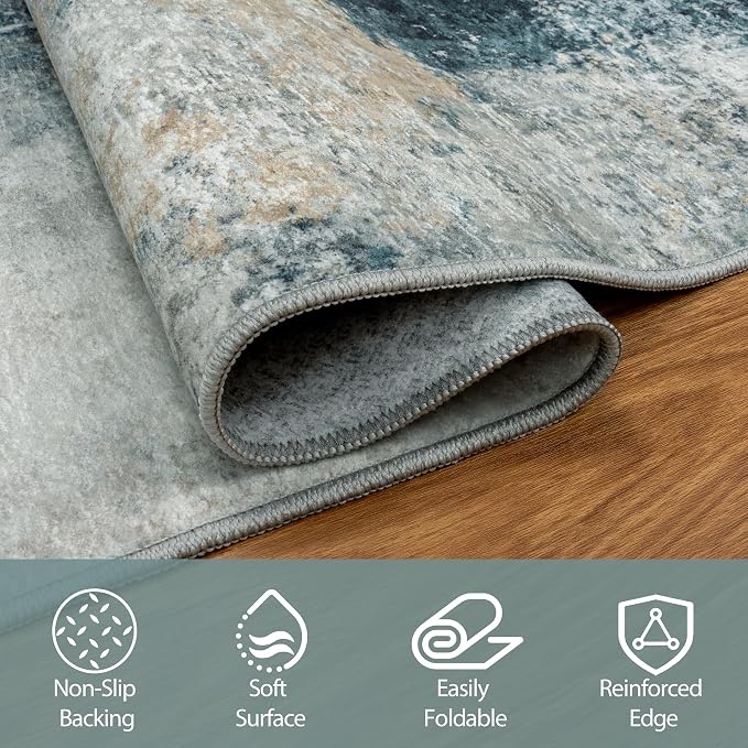 Runner Rug for Hallways Kitchen 2'6"x8' Washable Non Slip: Carpet Non Skid 8ft Entryway Rubber Backed 8 Feet Neutral Abstract Modern Rug Low Pile Pet Friendly Indoor Teal Grey Gold