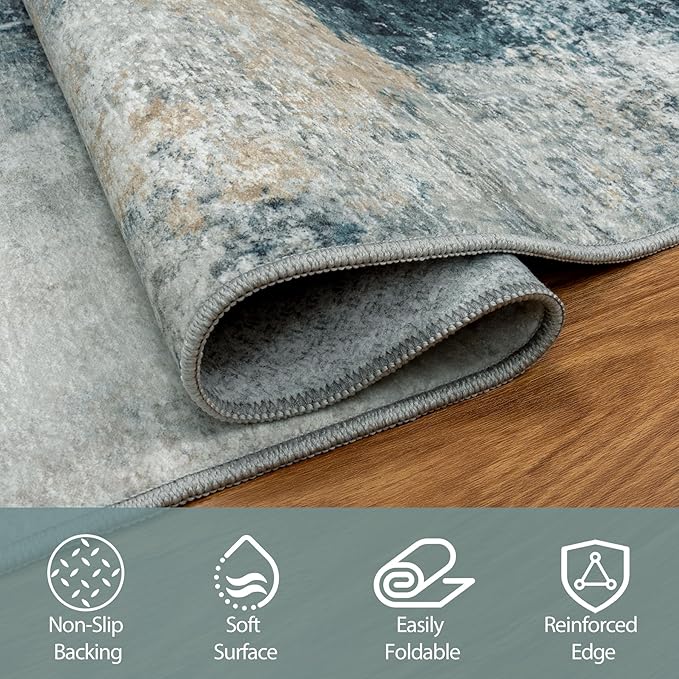 9x12 Area Rugs for Living Room Rug Washable: Abstract Large Rug for Dining Room Bedroom Carpet Non Slip 9 by 12 Indoor Modern Nursery Home Office Teal Grey Gold