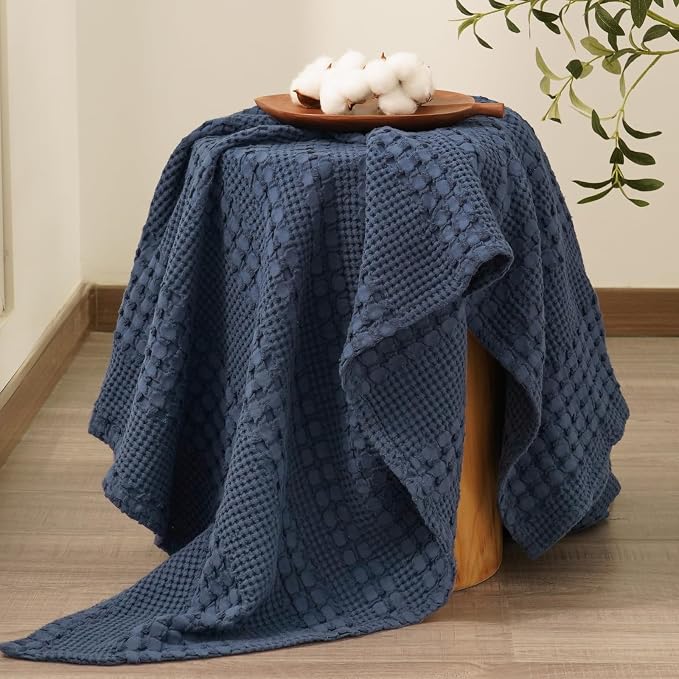 PHF 100% Cotton Waffle Throw Blanket for Couch, Lightweight Breathable and Soft for Summer, Luxury Aesthetic Waffle Weave Blanket for Home Decor & Office, Gifts for Women, 50"x60", Indigo